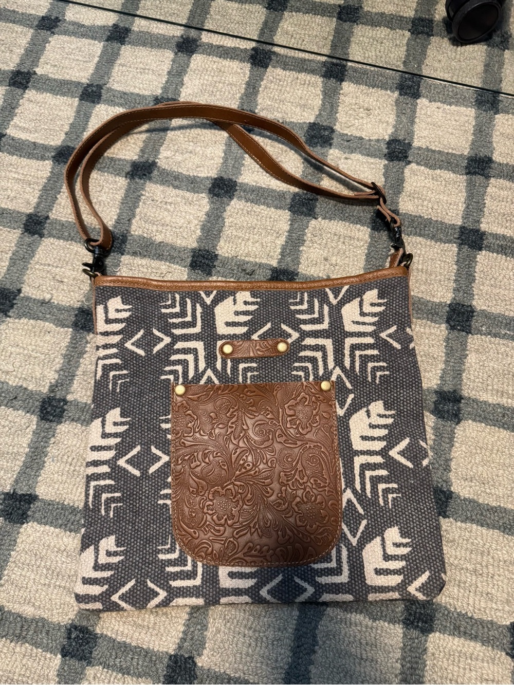 Myra Bag Navy and Brown Patterned Crossbody Bag